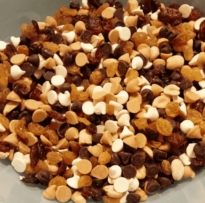 Amazon trail mix is popular and cheap. One of their recipes is called the indulgent trail mix recipe. Filled with dark & white chocolate as well as peanut butter chips. It has a lot of trail mix calories, and is the least healthy trail mix recipes you can buy. It makes a very tasty campfire food treat, and I love to sprinkle this unhealthy trail mix recipe over ice cream. Which is also an easy campfire food to make, and only costs a couple of bucks. Makes a great first night impression among new camping partners.