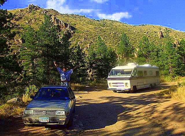 Free camping spot off of Hwy 14 in Northern Colorado right next to Cache La Poudre River. Just outside of Arapaho Roosevelt National Forest. Big enough for a 40 foot class A RV, 1978 VW JEtta and a free campsite. All the reasons we bought an RV in the first place. 
