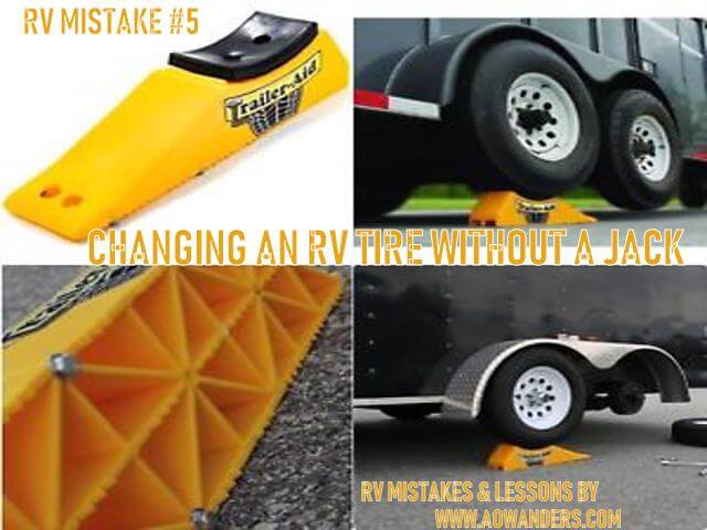 Jackless RV tire repair is the easiest way to swap out a flat RV tire with a good spare RV tire. Follow the techniques shown in this photo to safely replace your flat travel trailer tire with a good one and avoid RV mistake #5