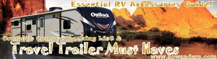 After buying your first travel trailer you now need to pack it with camping supplies. From cookware to backup cameras there are a lot of fun RV accessories you could purchase, but the essential camper trailer accessories are the ones that will enhace your camping experience. So check out my RV must haves, camper packing list and travel trailer accessories list at www.aowanders.com