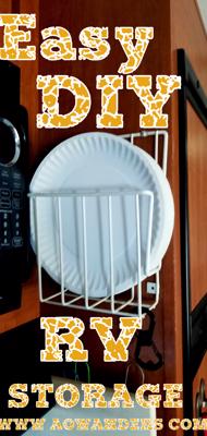 The hard to find vertical paper plate holder makes for an easy DIY rv Storage accessory in your camper kitchen.