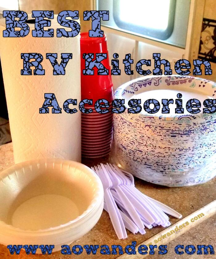 The most essential RV kitchen accessories are paper plates, paper towels, plastic silverware, plastic cups and anything else disposable that is necessary for meals times. 