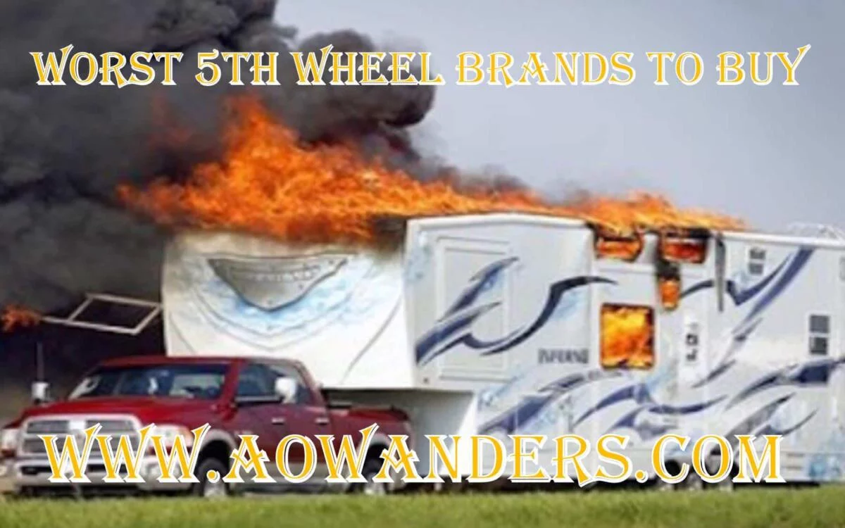 5th wheel brands to avoid! 5th wheel camper on fire being towed down the road. Featured image for my worst 5th wheel brands to avoid article.