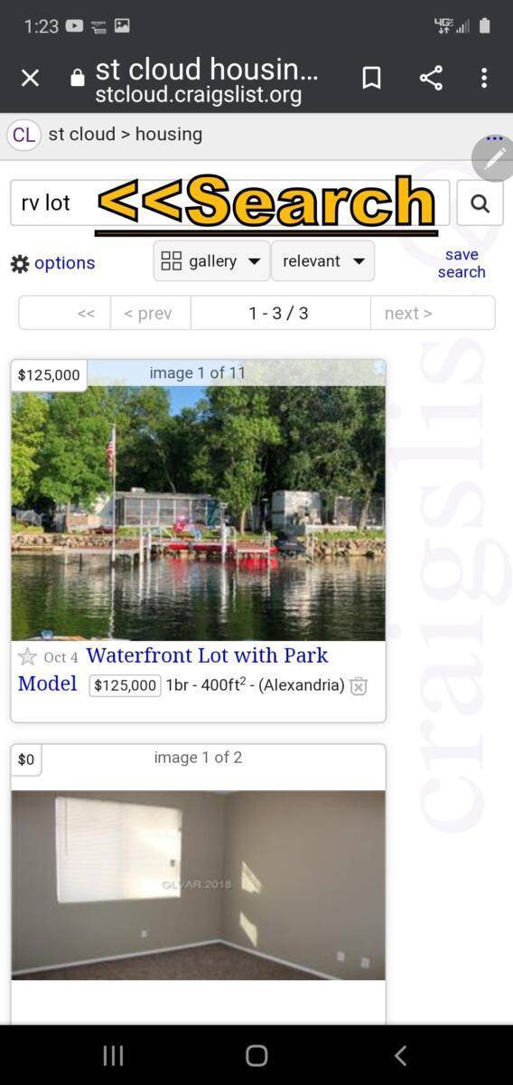 Screen shot of what I search for within the housing section on craigslist to find cheap longterm RV parking spaces for rent